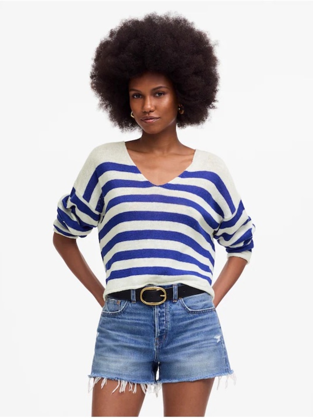 Madewell Blue and White Linen Striped V-Neck Sweater